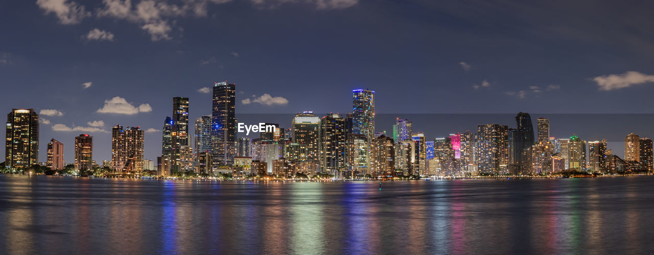 high angle view of illuminated buildings in city at night
