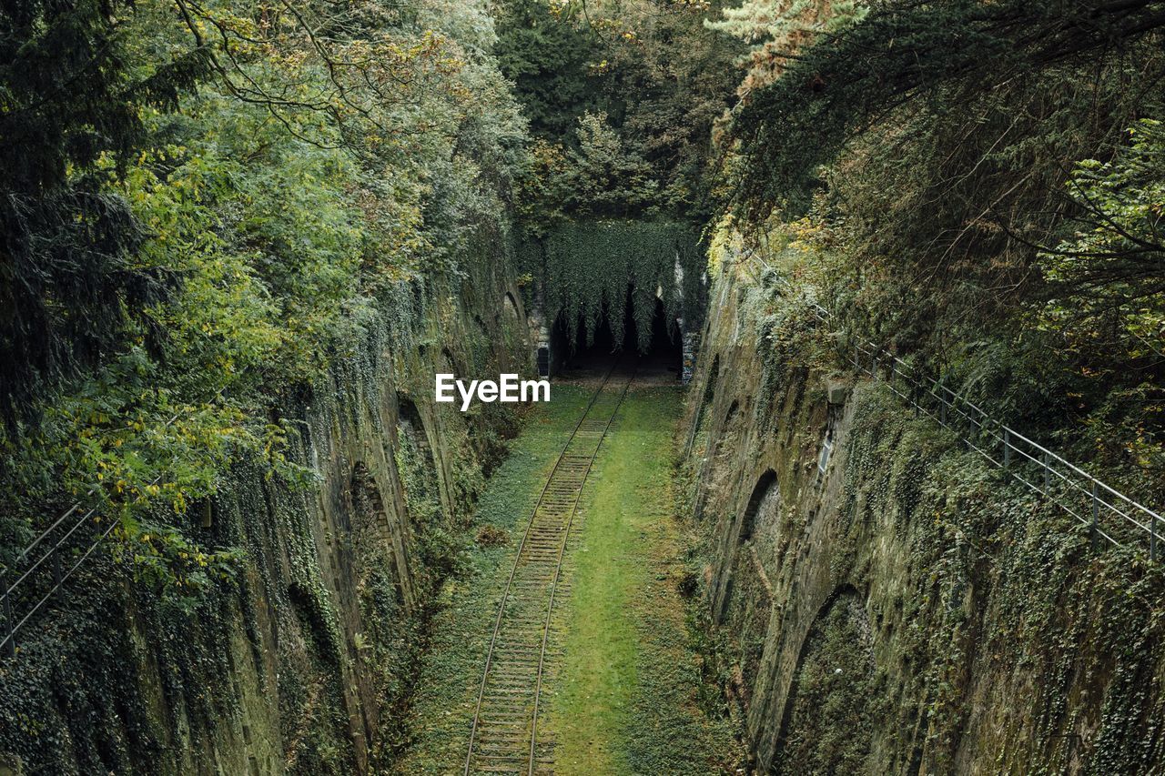 High angle view of railroad track amidst weathered wall in forest