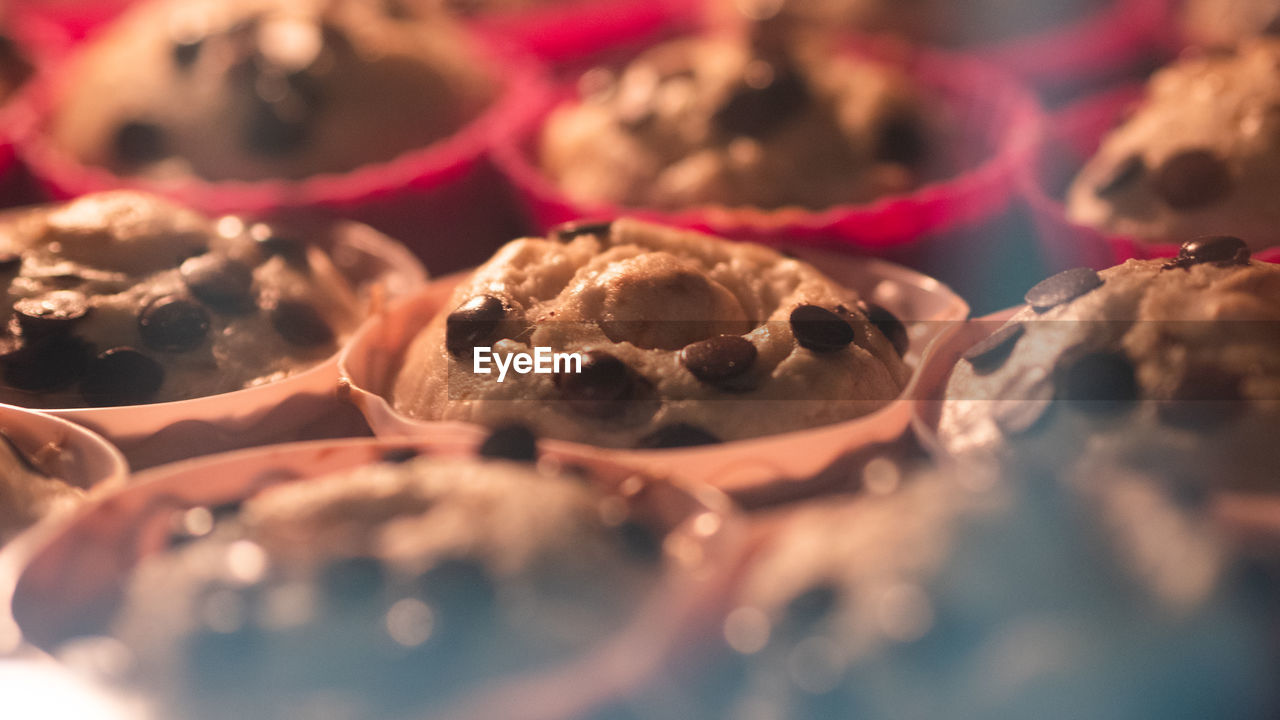 Close up of chocolate muffins in the oven