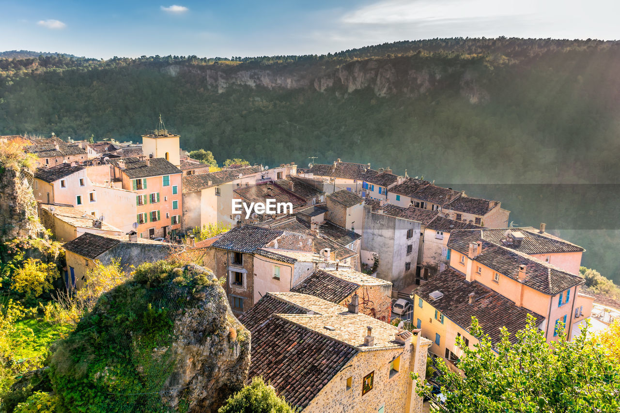 Aerial view of the village of chateaudouble in provence south of france in autumn colors
