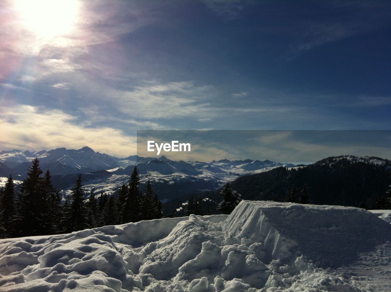 Scenic view of snow covered mountains against sky