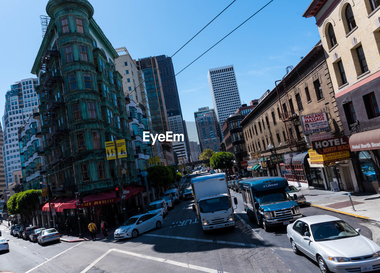 CITY STREET AND BUILDINGS AGAINST SKY