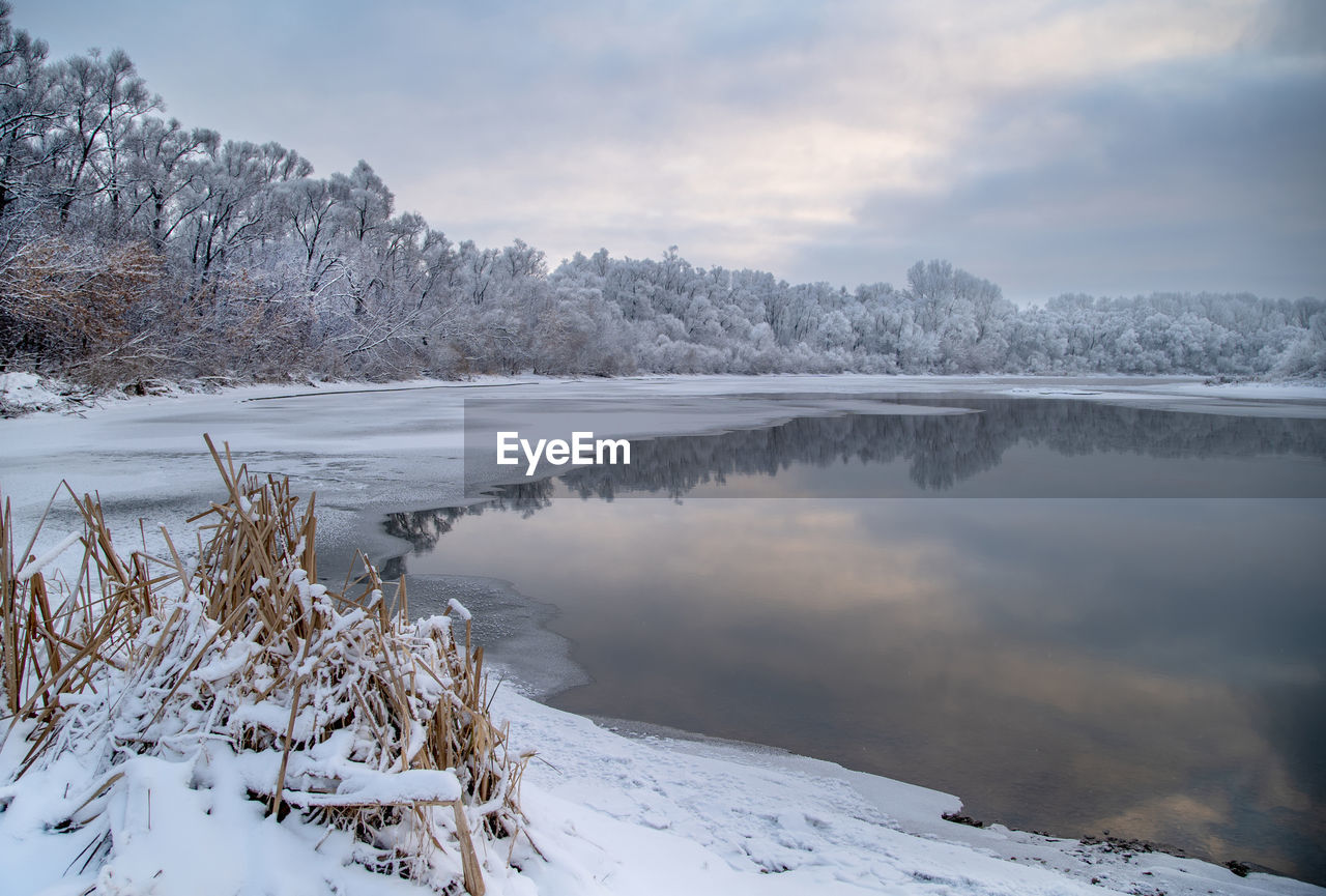 SCENIC VIEW OF FROZEN LAKE AGAINST SKY