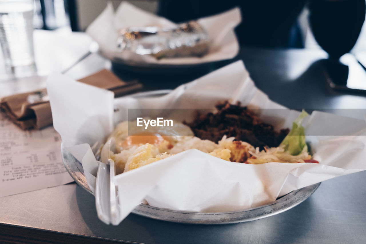 HIGH ANGLE VIEW OF FOOD SERVED ON TABLE