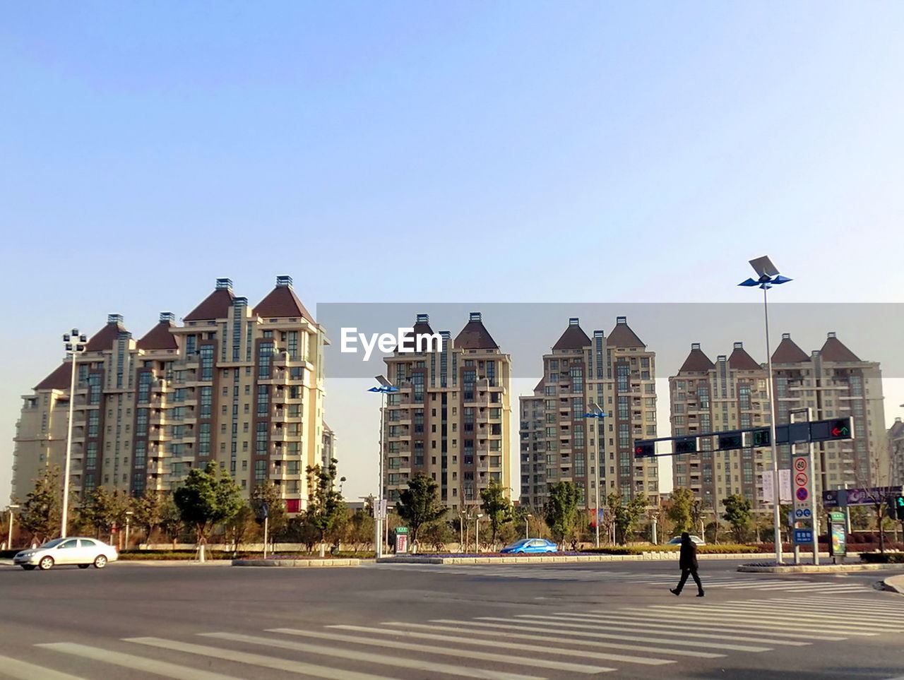 View of city street against clear sky