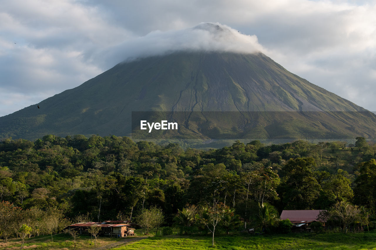 volcano, mountain, landscape, nature, environment, land, cloud, sky, volcanic landscape, scenics - nature, beauty in nature, plant, highland, smoke, tree, cinder cone, geology, travel destinations, volcanic crater, plain, no people, non-urban scene, mountain peak, stratovolcano, fog, travel, rural area, field, outdoors, active volcano, wilderness, tourism, erupting, plateau, architecture, social issues, grass, day, mountain range, morning