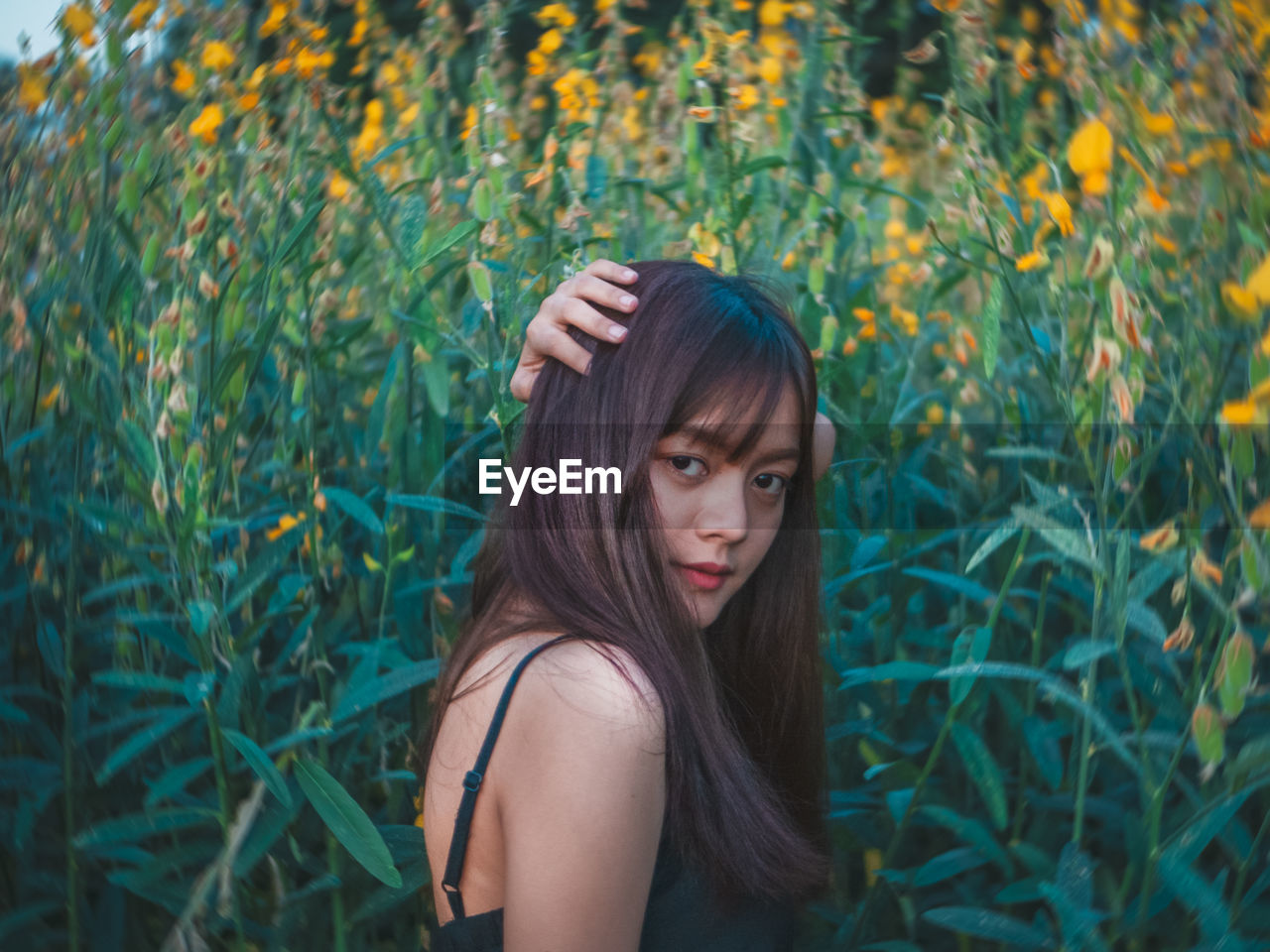 Portrait of beautiful young woman standing amidst plants