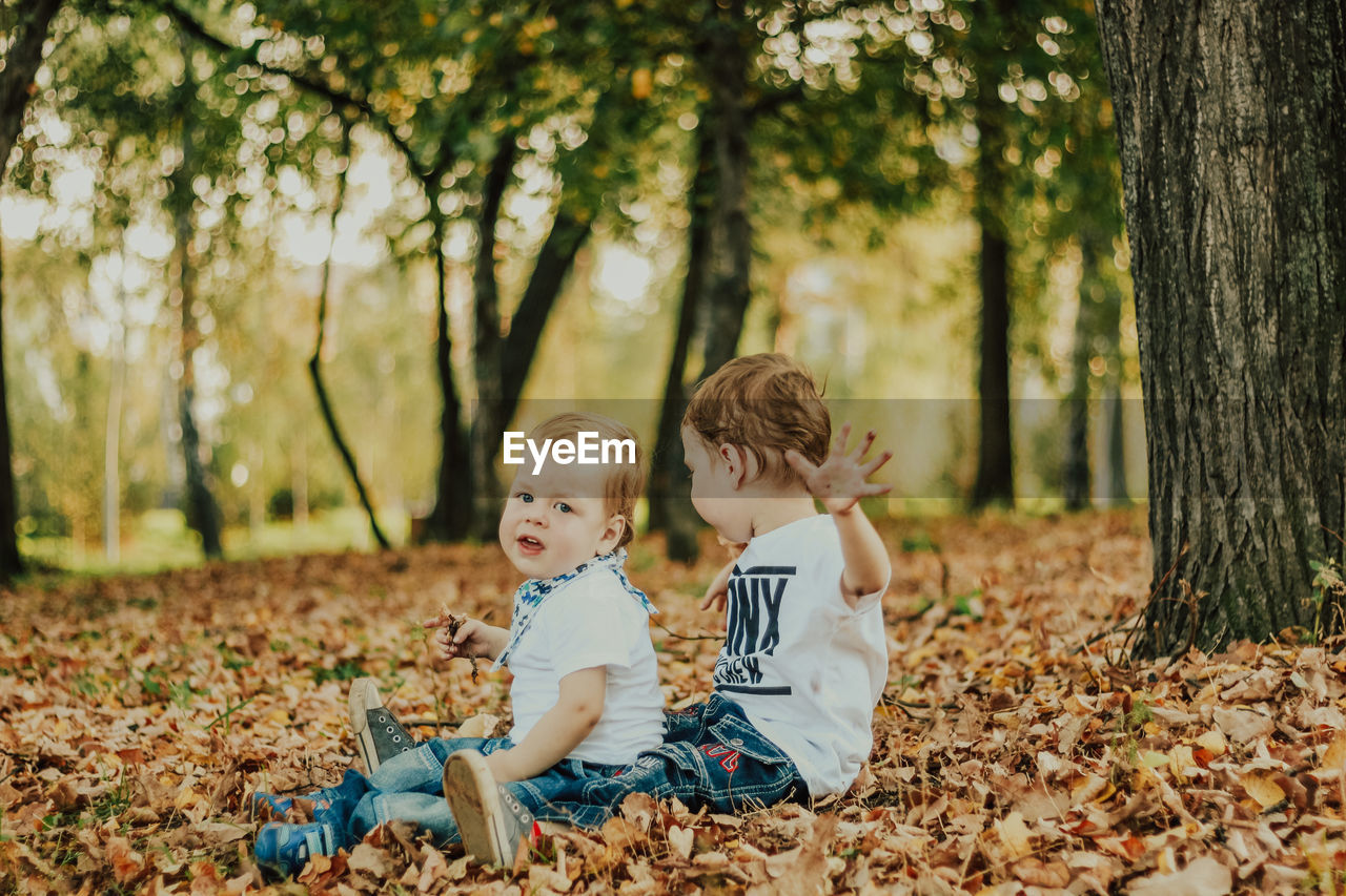 Children in the autumn park among the foliage. 2 brothers hug. weathers walk in the park. 