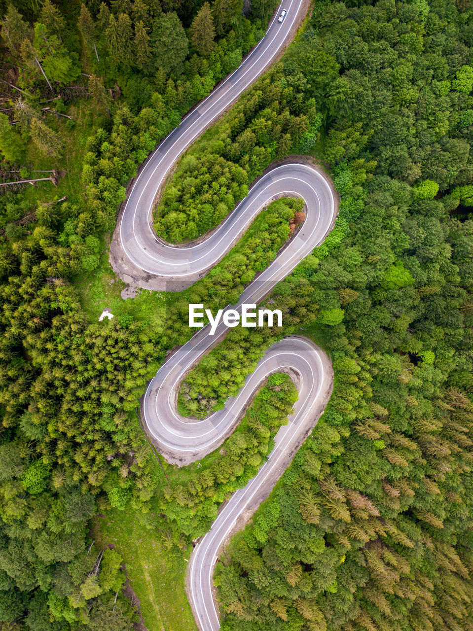 Aerial view of curve road on the mountain with green forest