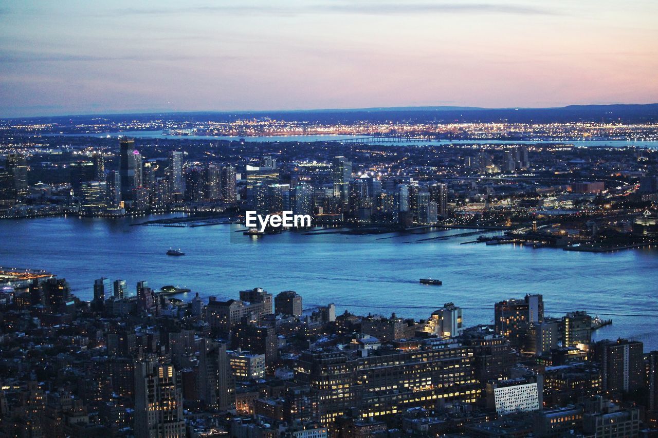 High angle view of city at waterfront