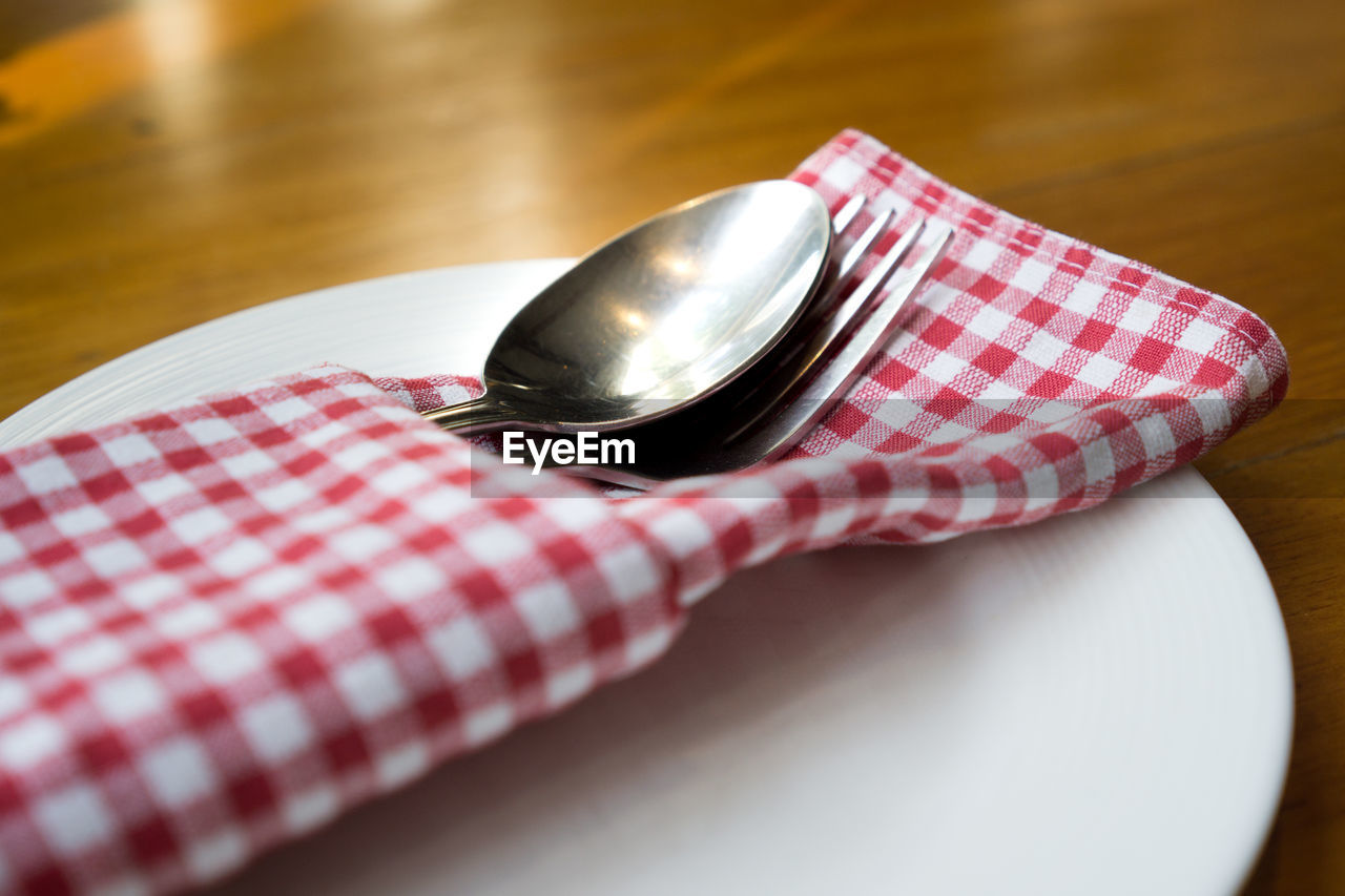 Close-up of cutlery and napkin in plate on table