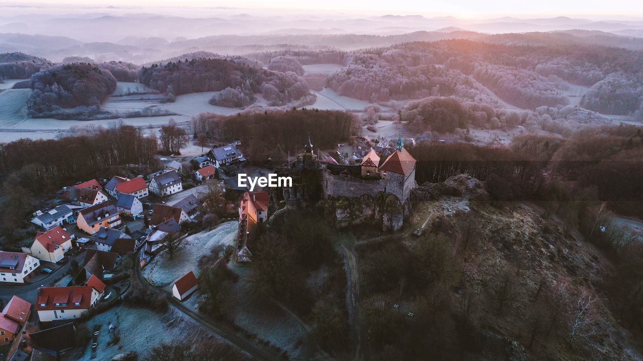 High angle view of townscape during winter