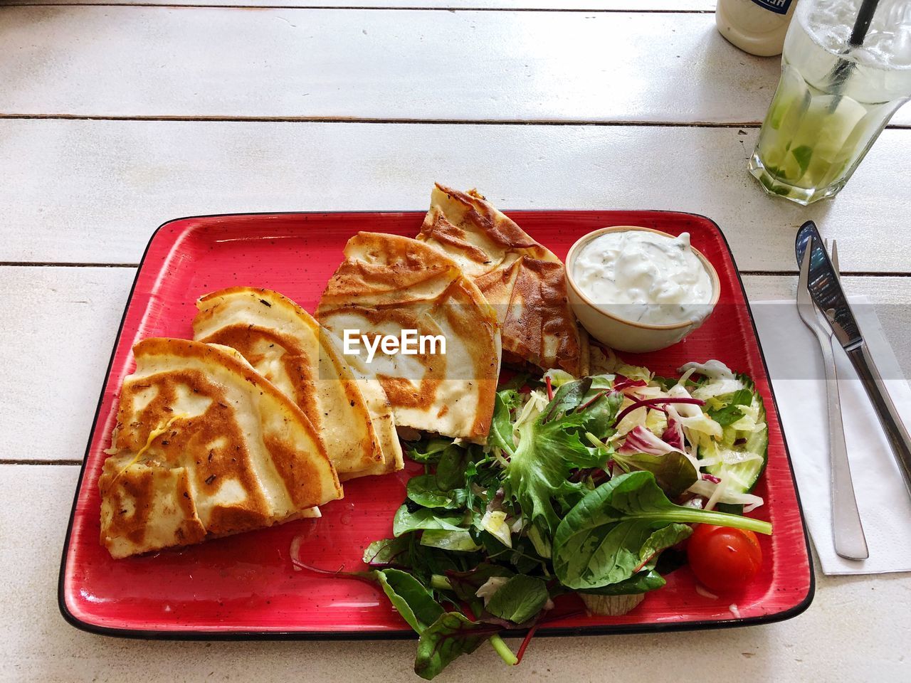 High angle view of meal served on table