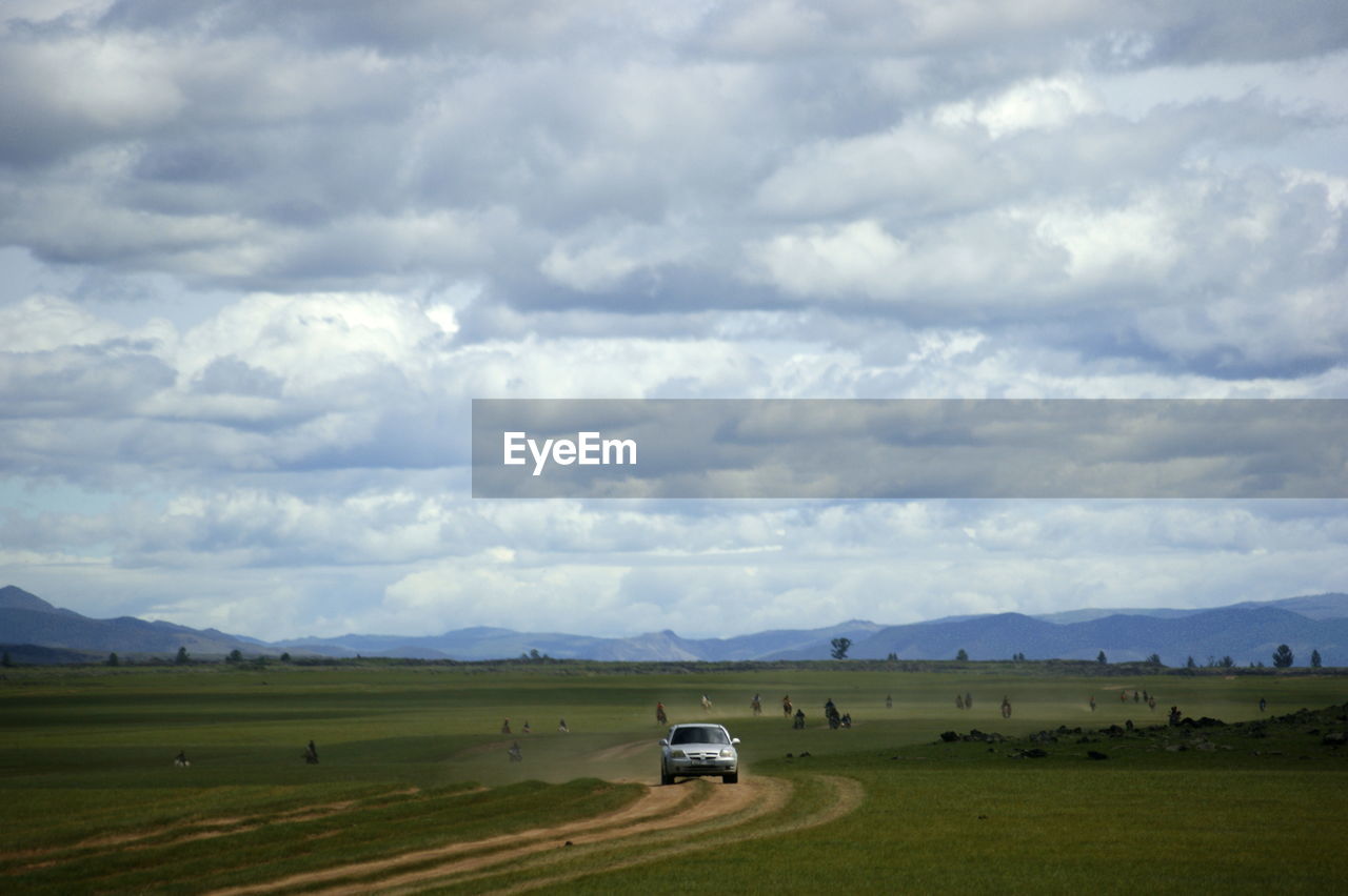 Cars on field against sky