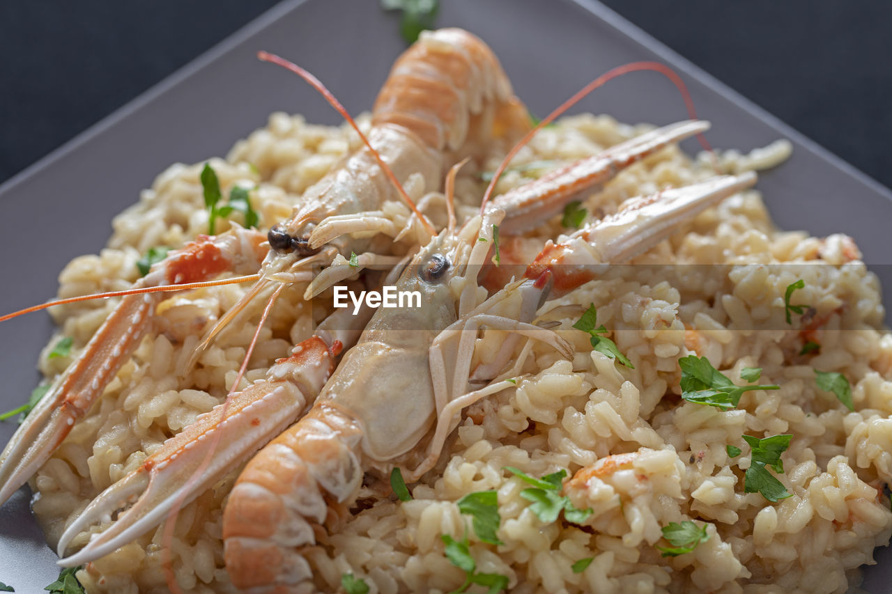 A plate of rice with prawn. 