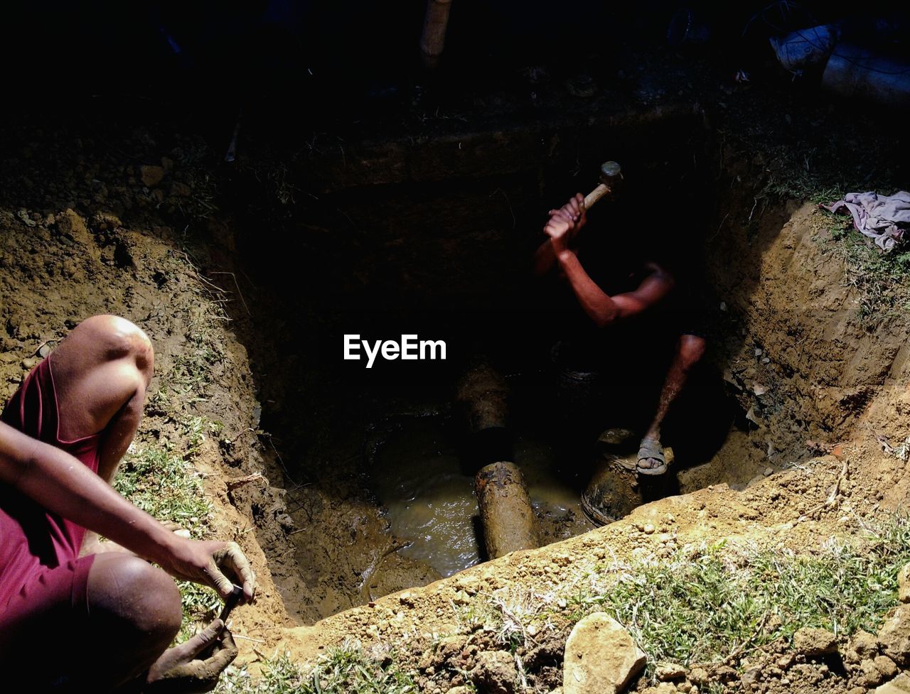 High angle view of men working