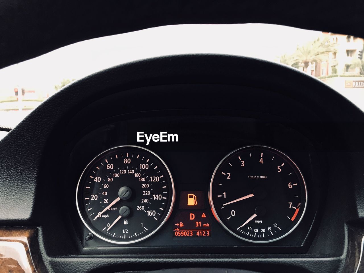 Close-up of speedometer in car
