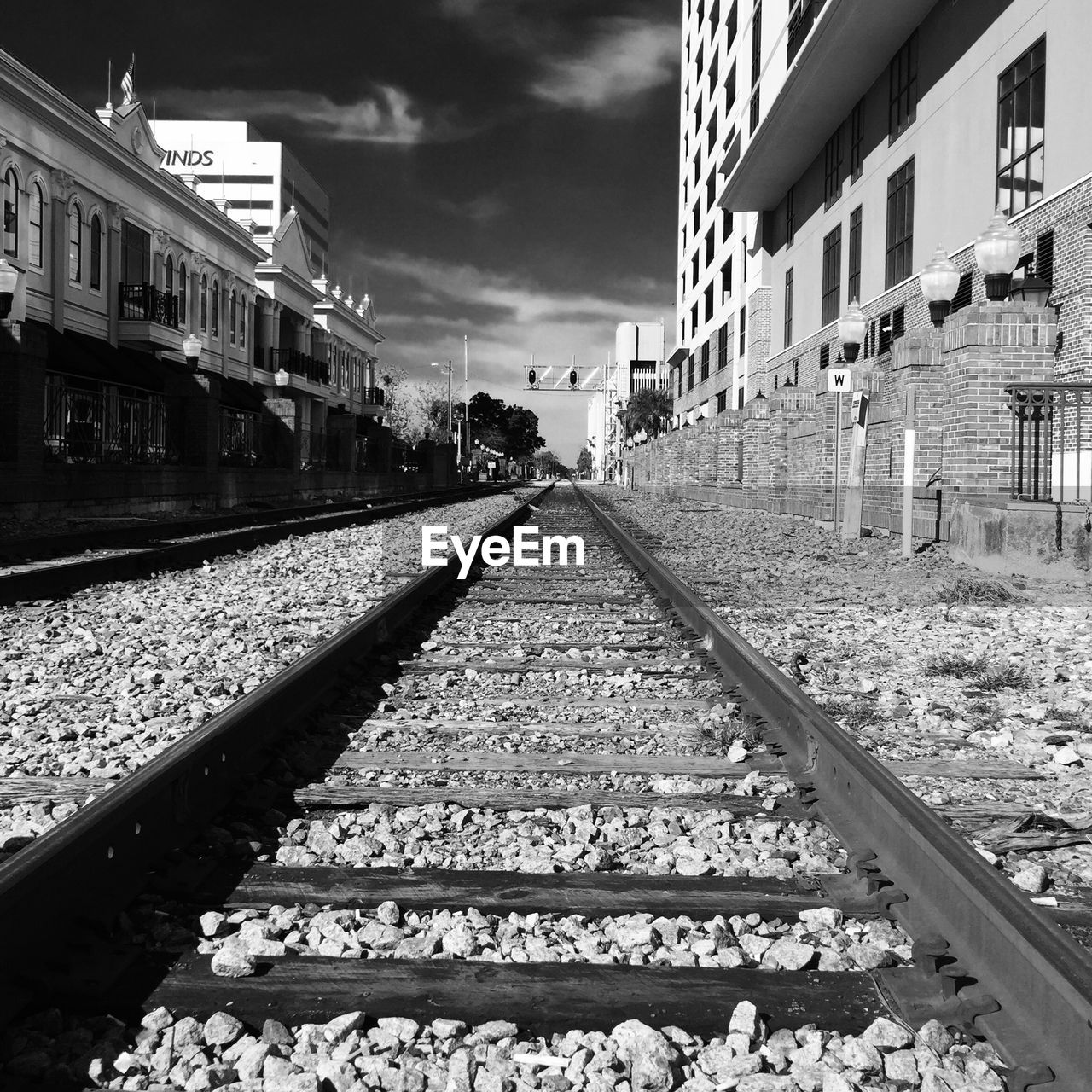 Buildings by railroad track