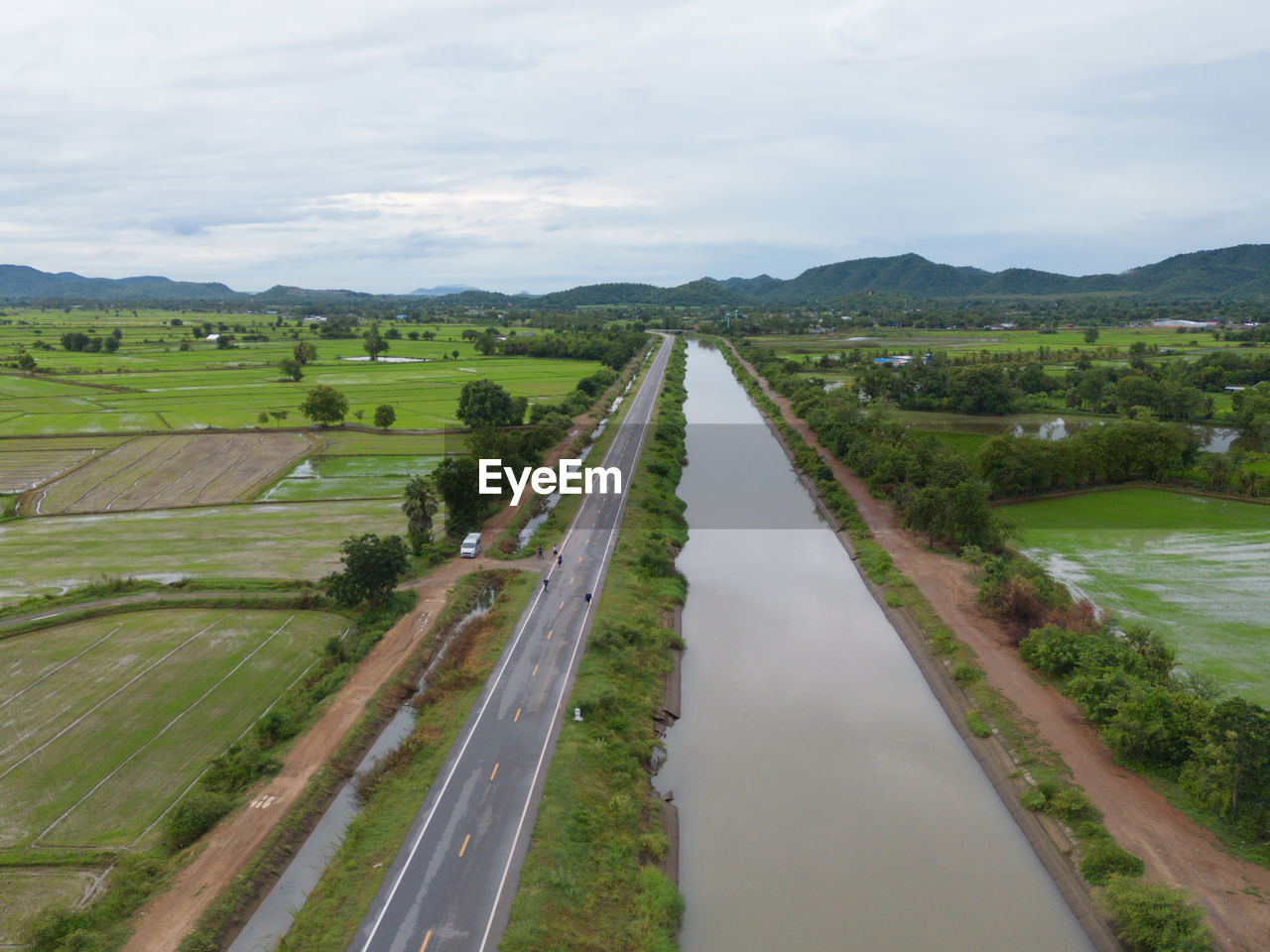 landscape, environment, rural area, sky, nature, plant, scenics - nature, waterway, land, field, cloud, water, agriculture, rural scene, aerial photography, no people, reservoir, beauty in nature, plain, road, green, transportation, day, highway, tranquility, tranquil scene, river, outdoors, hill, farm, grass, non-urban scene, tree, high angle view, travel, polder, growth, transport, infrastructure, levee