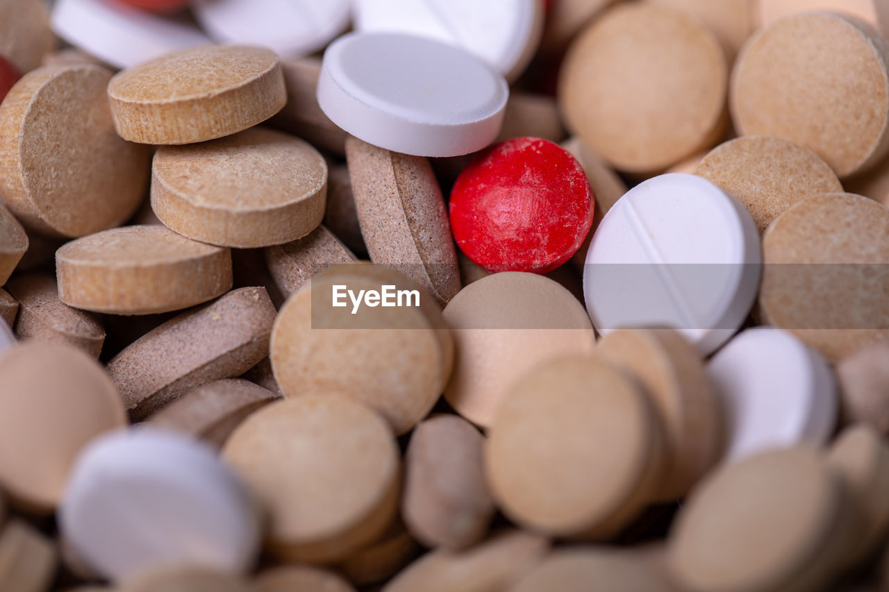 close-up of pills on table