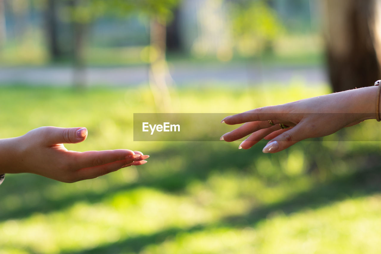 Hand of two females reaching to each other. nature background.