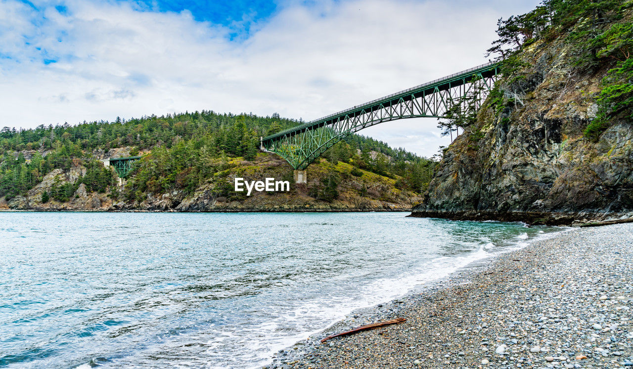 A view from below the bridge at deception pass in washington state.
