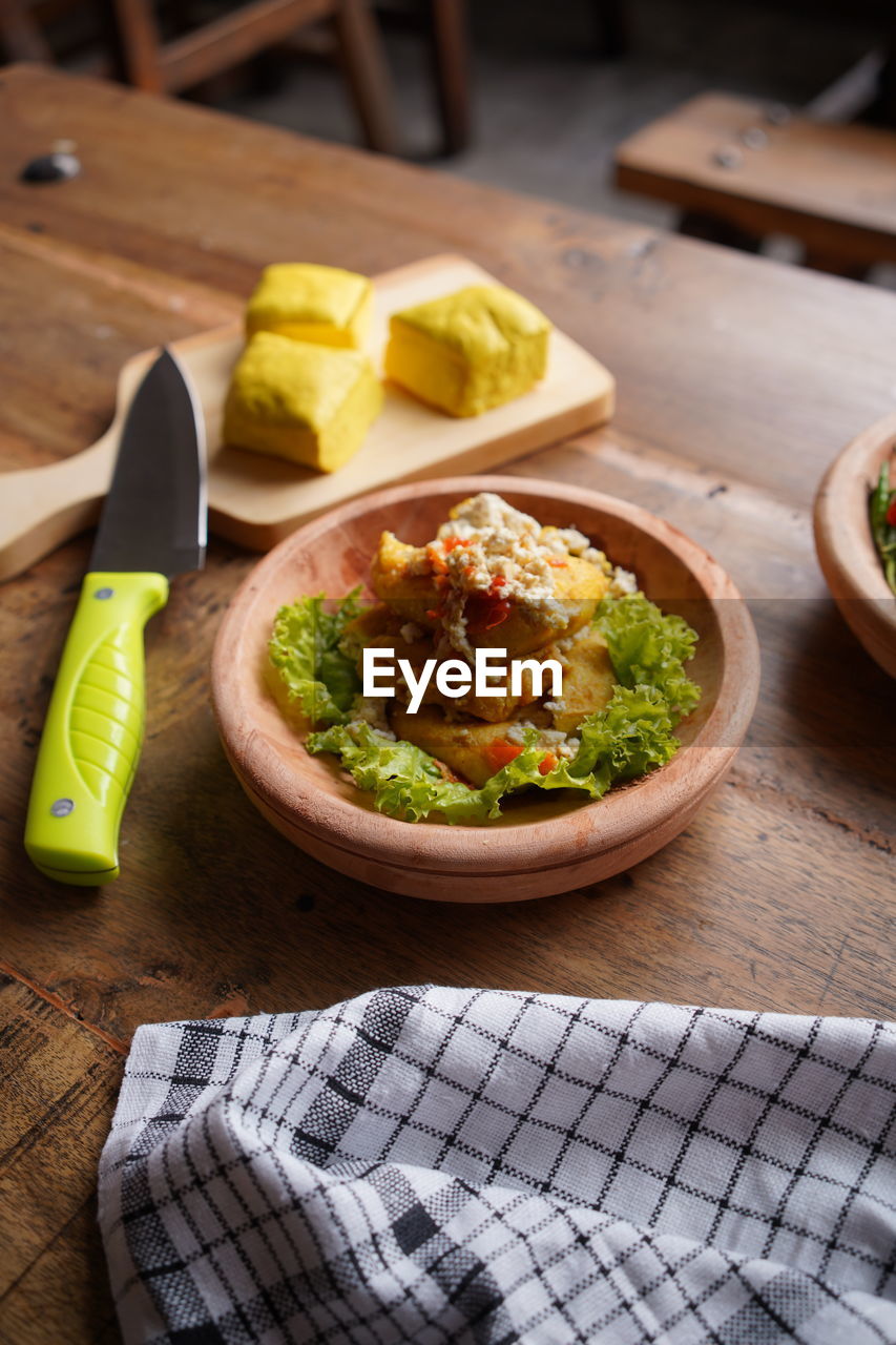 High angle view of food on table