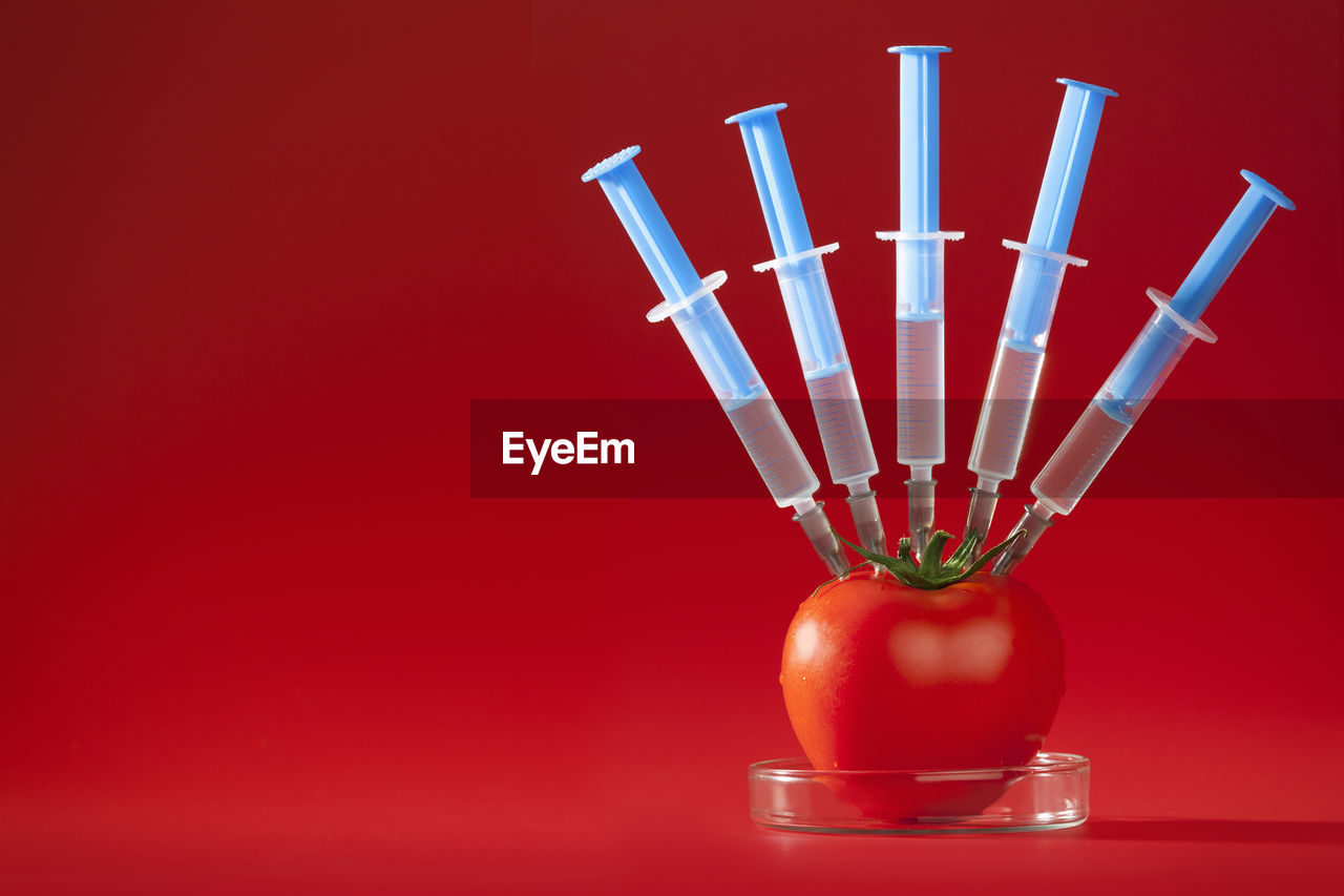 Close-up of syringes in tomato