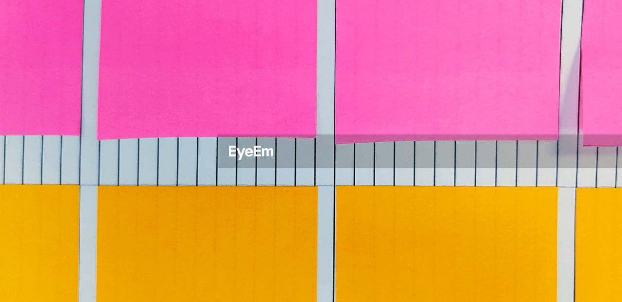 pink, multi colored, line, no people, full frame, backgrounds, yellow, indoors, in a row, close-up, side by side, wall - building feature, pattern, orange, circle, variation, copy space