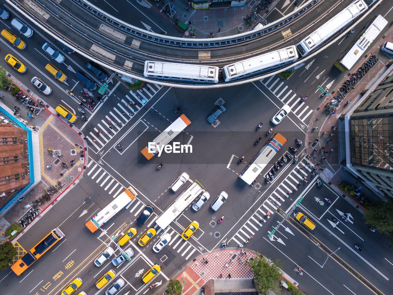 High angle view of vehicles on road in city