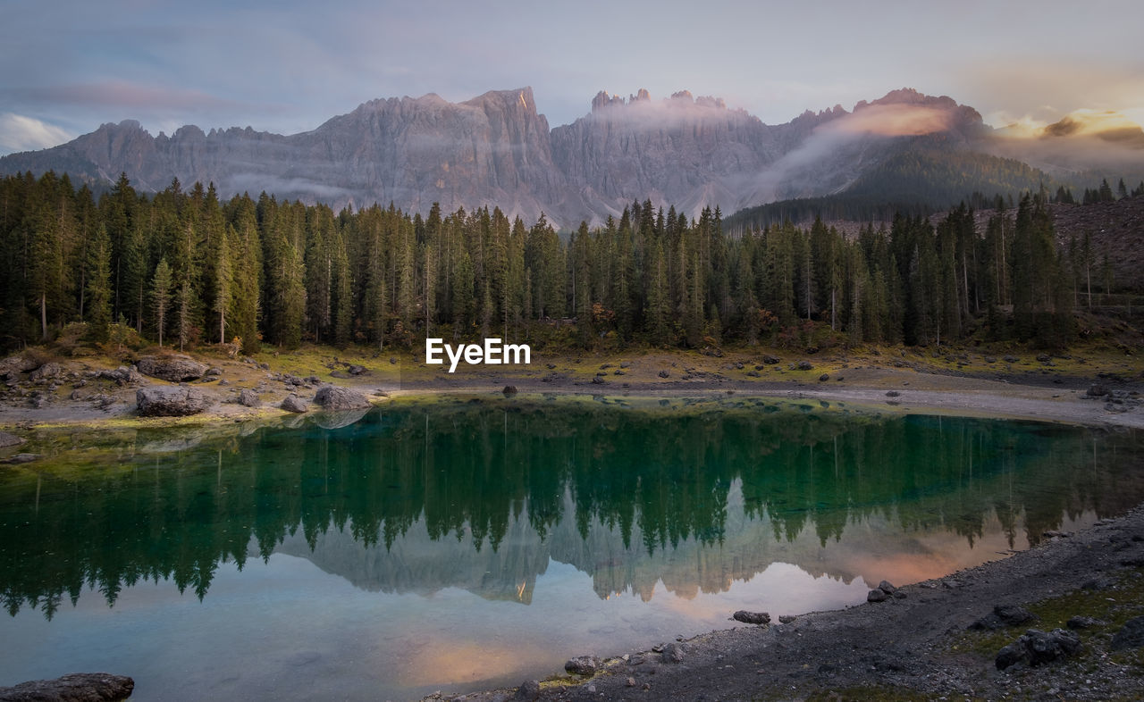 Reflection of trees in lake against sky