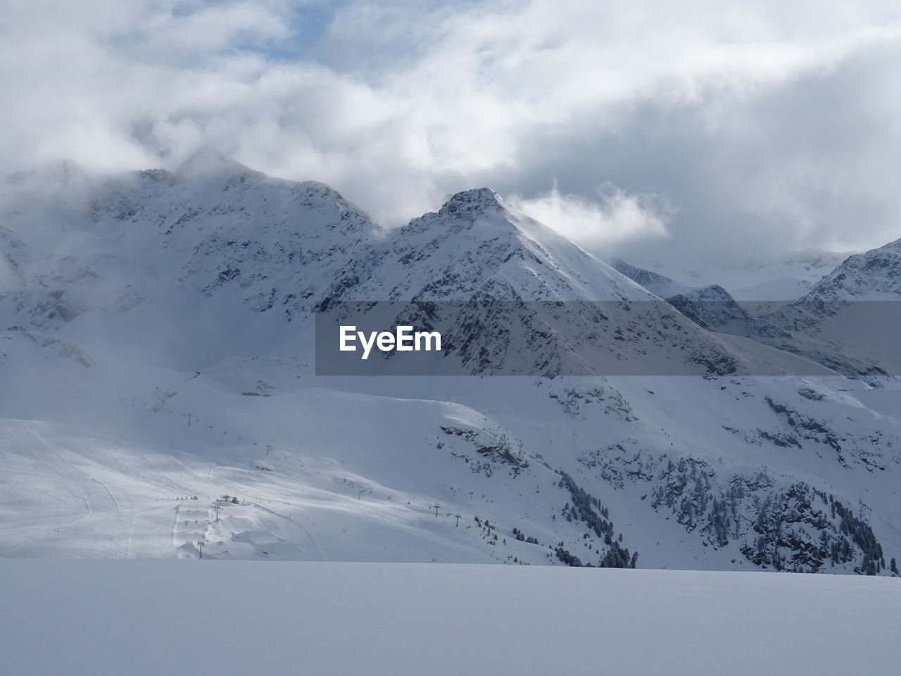 Scenic view of snow covered mountains against sky