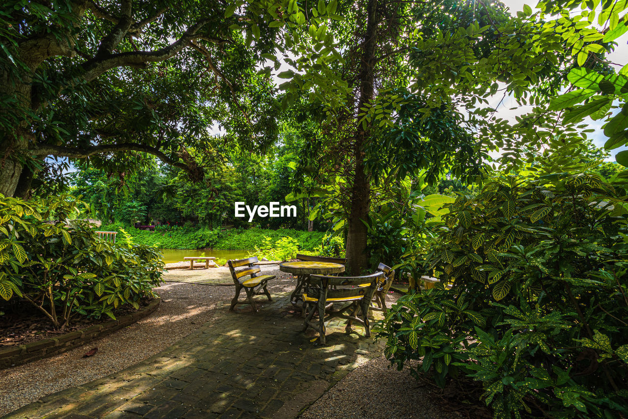 EMPTY CHAIRS AND TABLES IN PARK