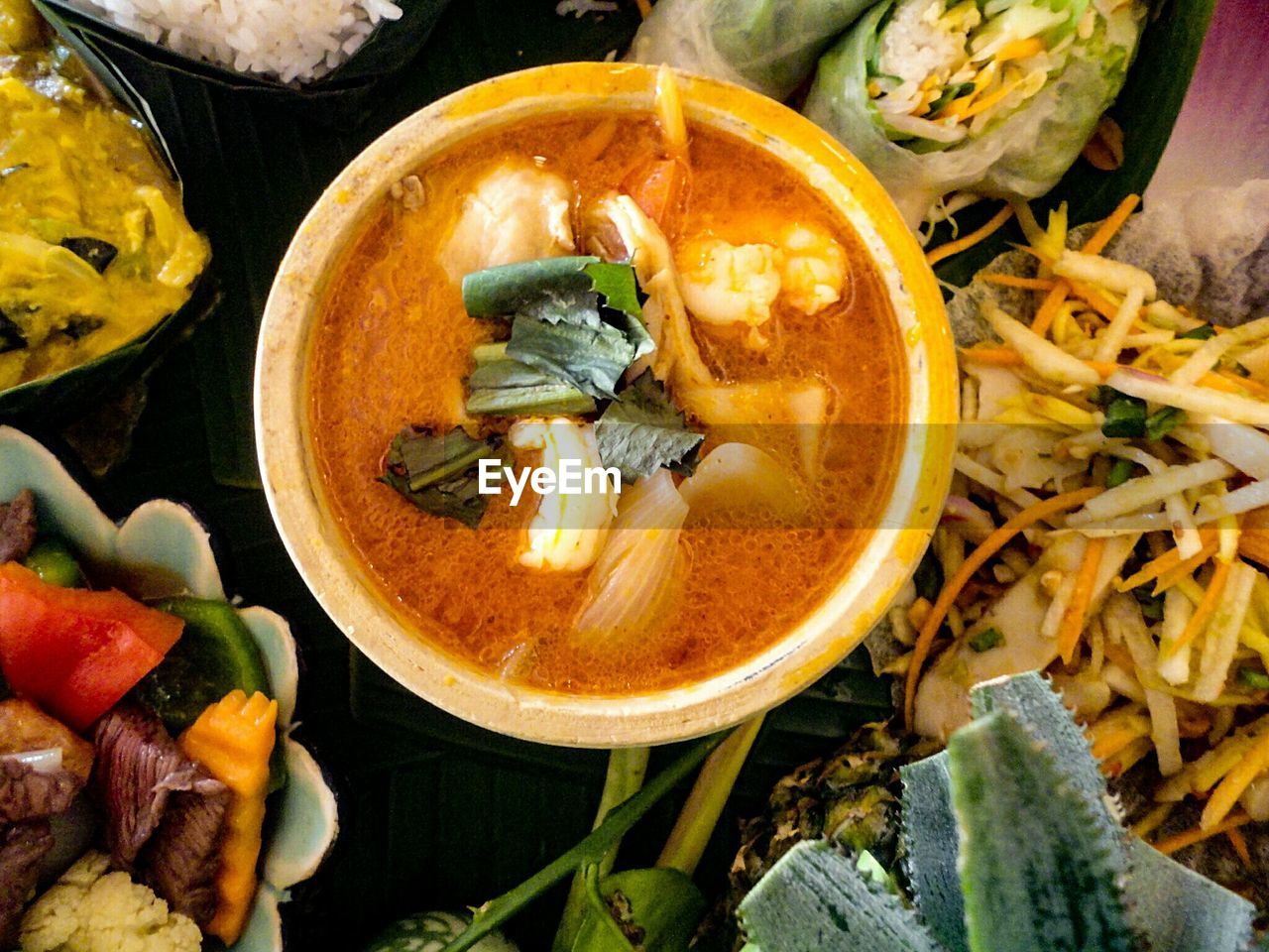 High angle view of soup in bowl on table