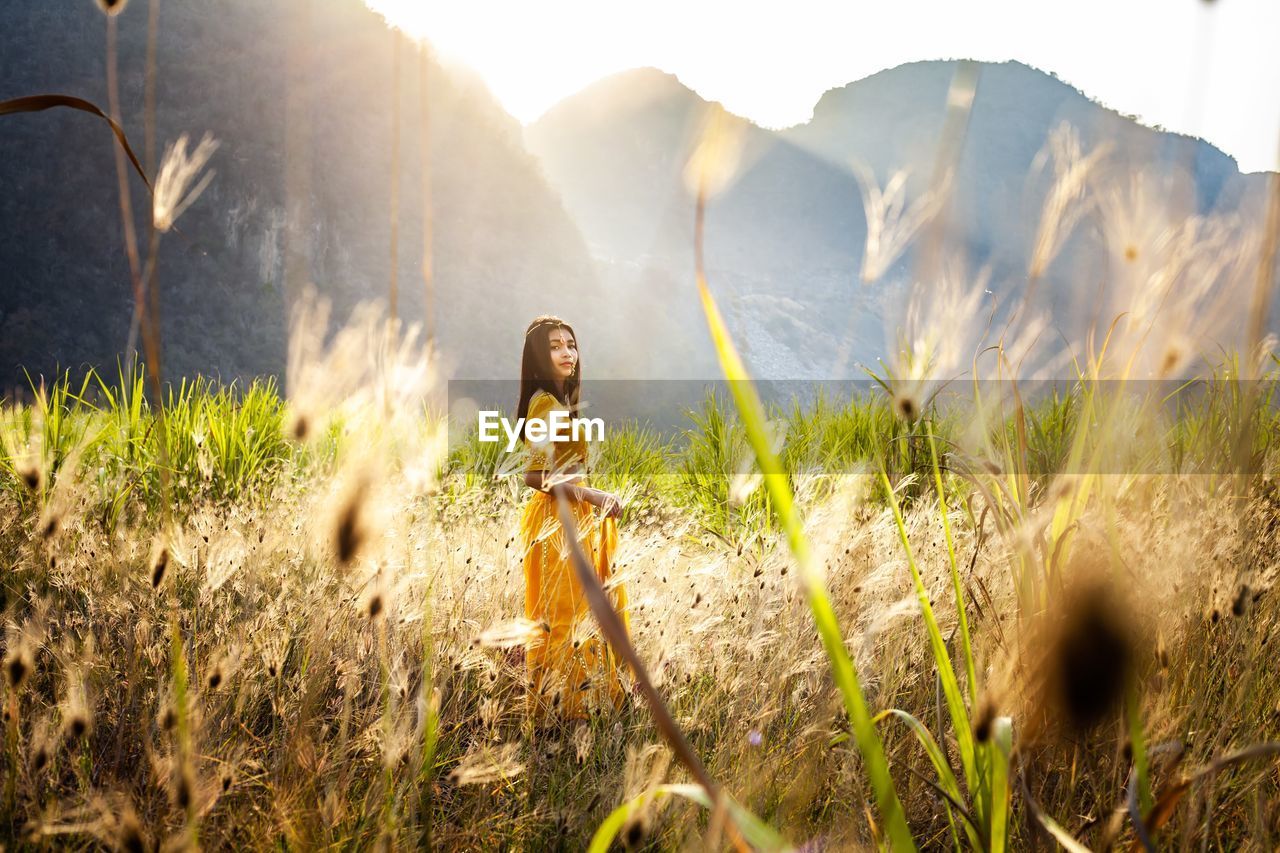 A beautiful woman in an indian dress stands among the valleys, grasslands and the evening sun.