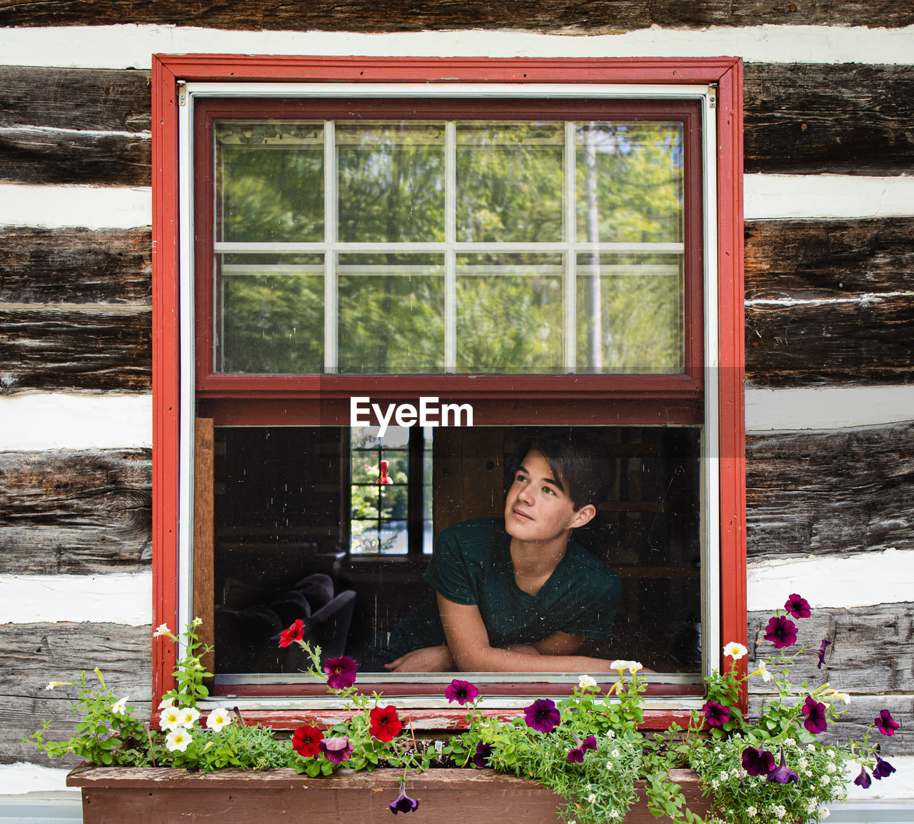 Teen boy looking out through window of rustic log cabin on summer day.