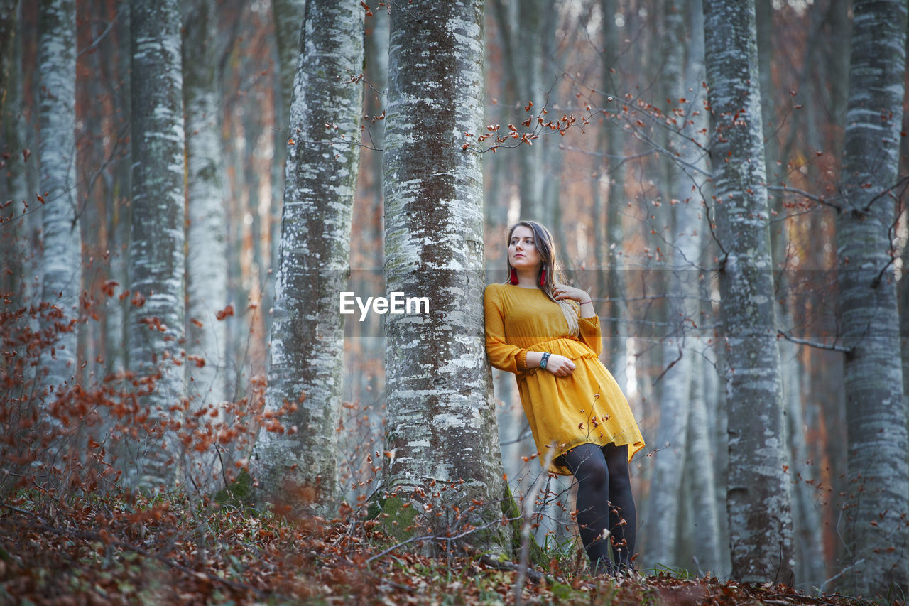 Low angle view of woman standing in forest during autumn
