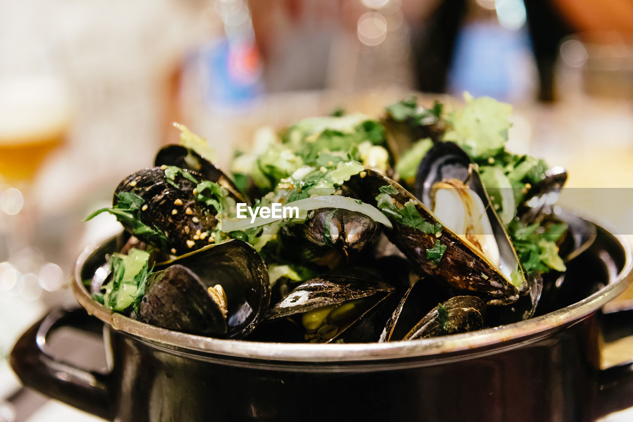 Close-up of mussels in container