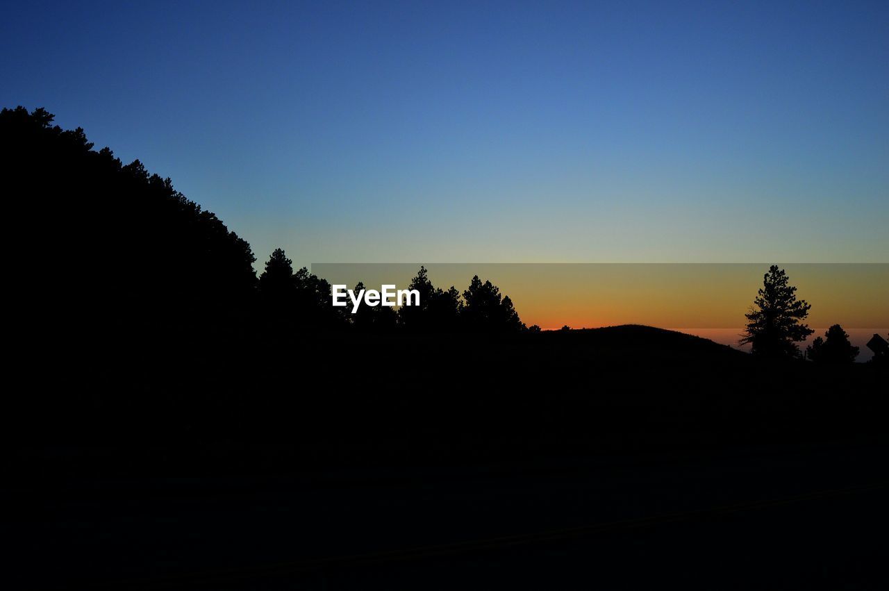 SILHOUETTE OF TREES ON LANDSCAPE AGAINST SKY AT SUNSET