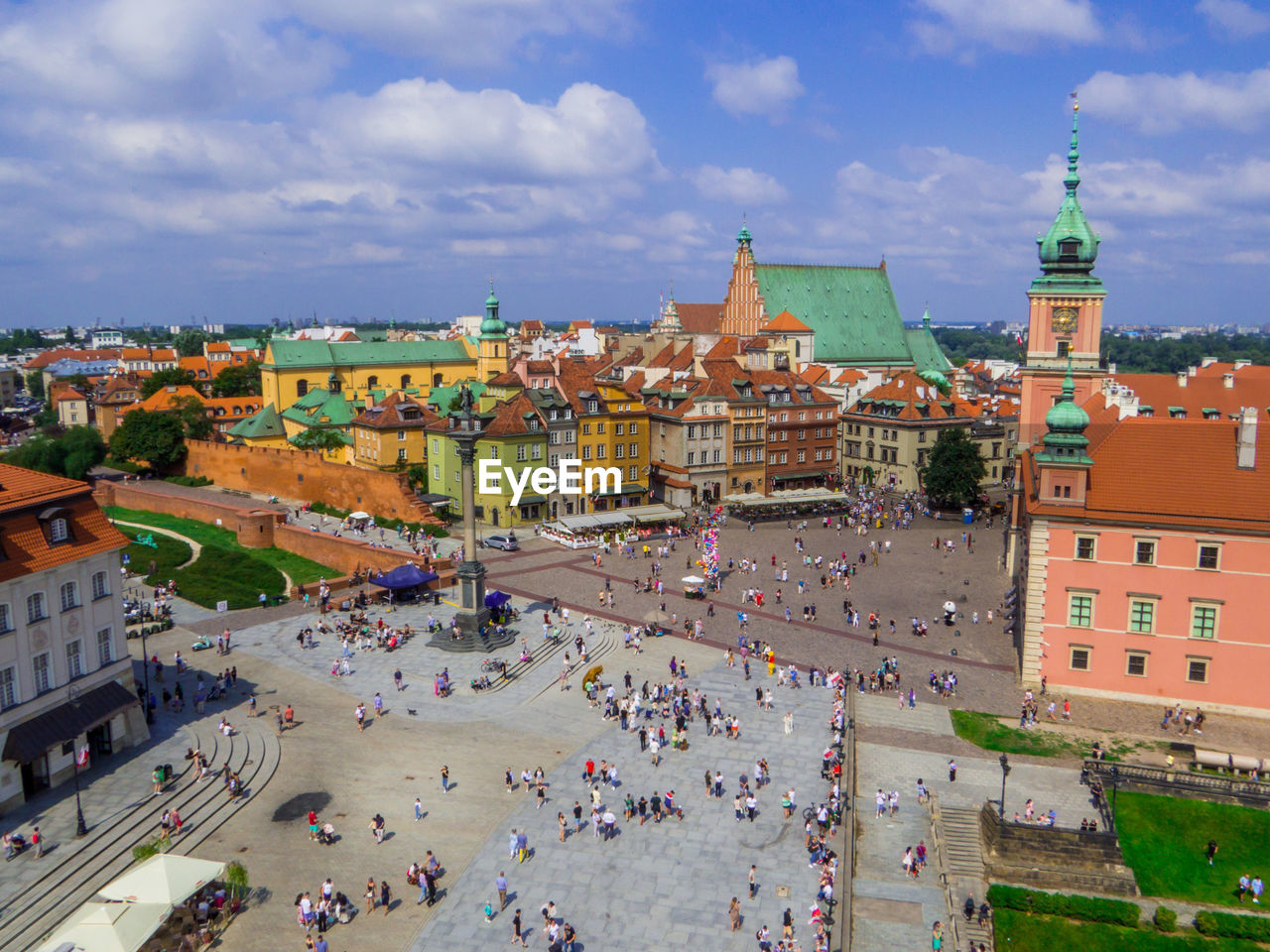 high angle view of buildings in city against sky