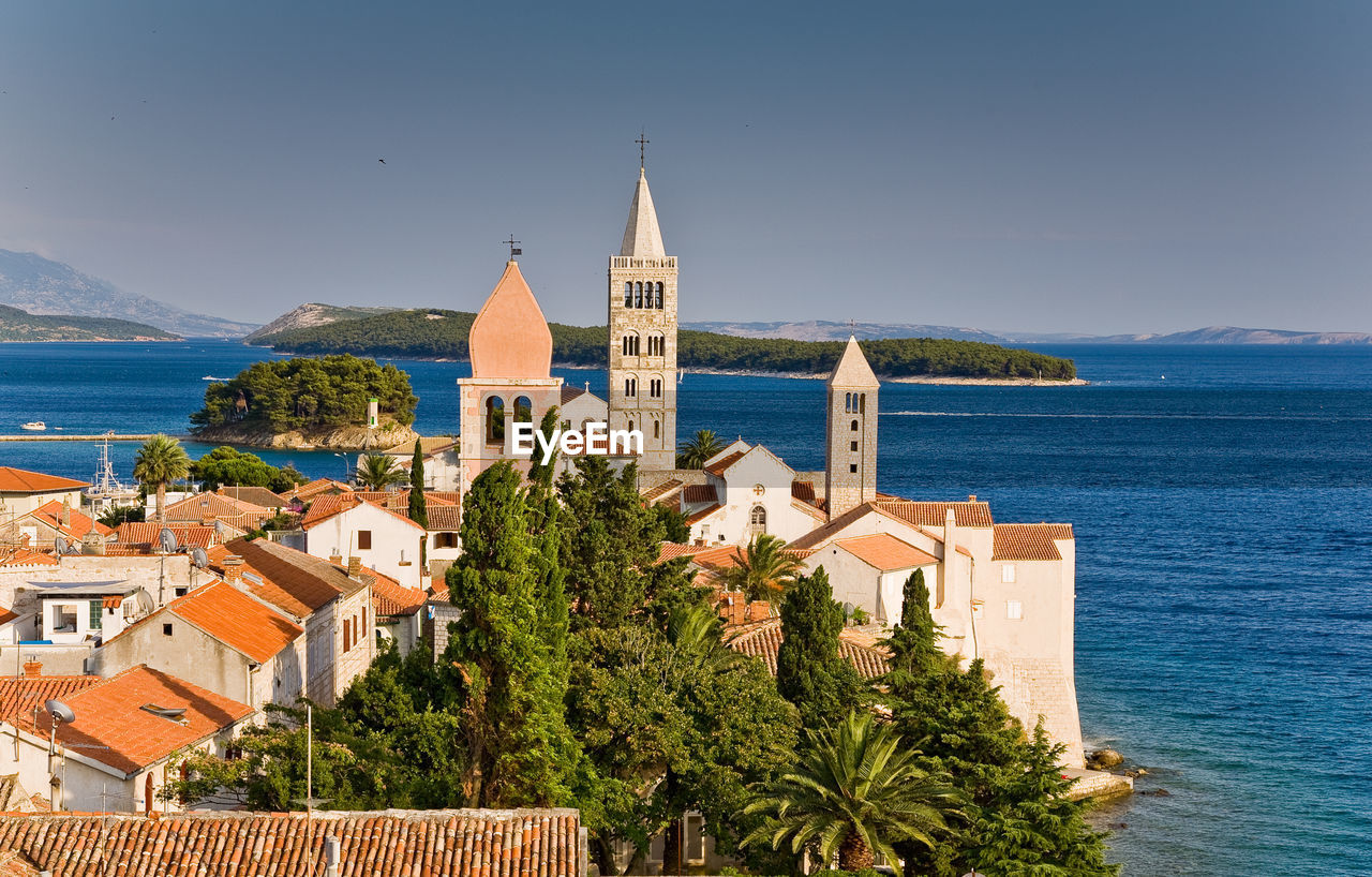 Rab, croatia, panoramic view of historical center with towers.