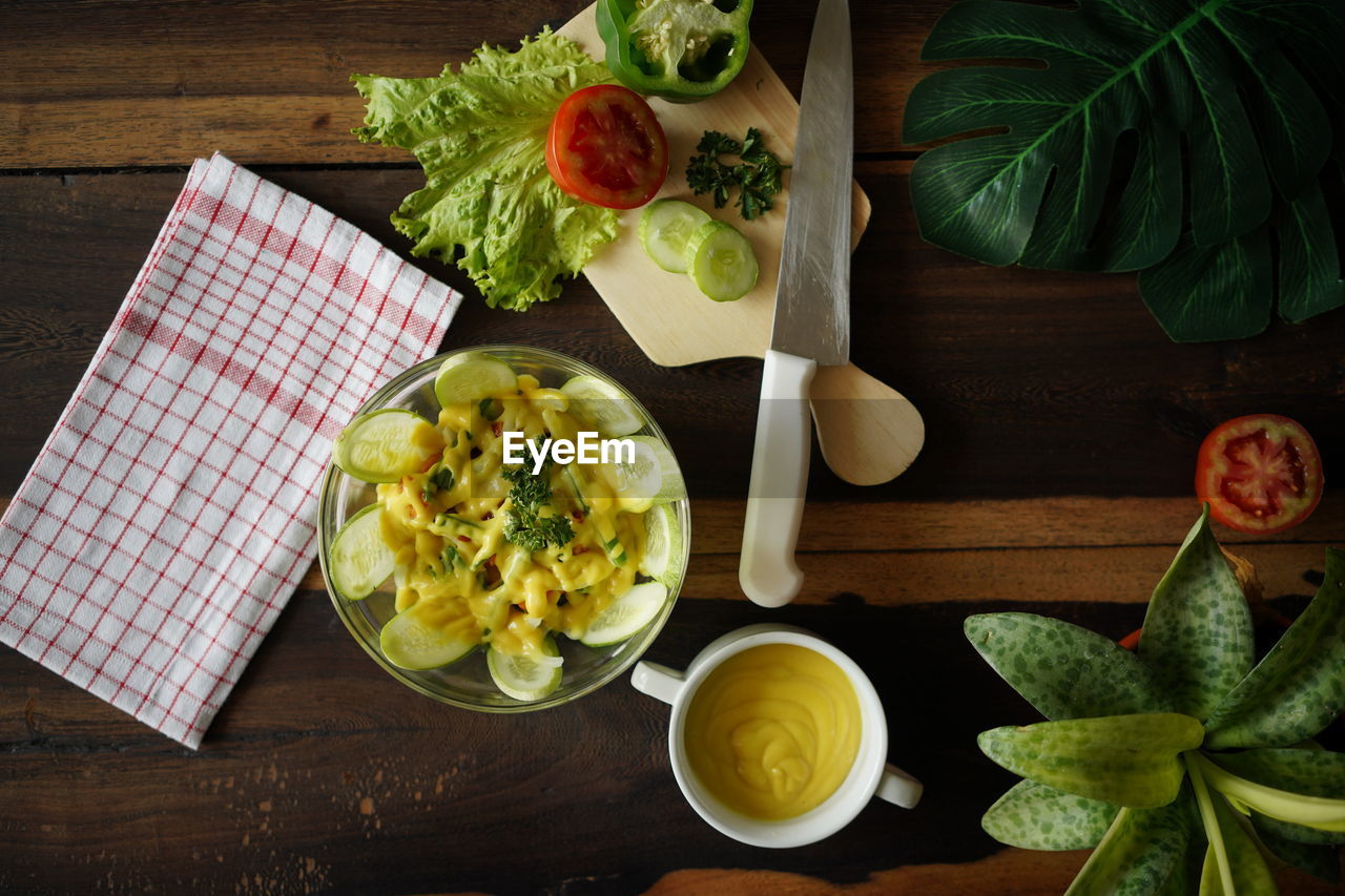 High angle view of meal served on table