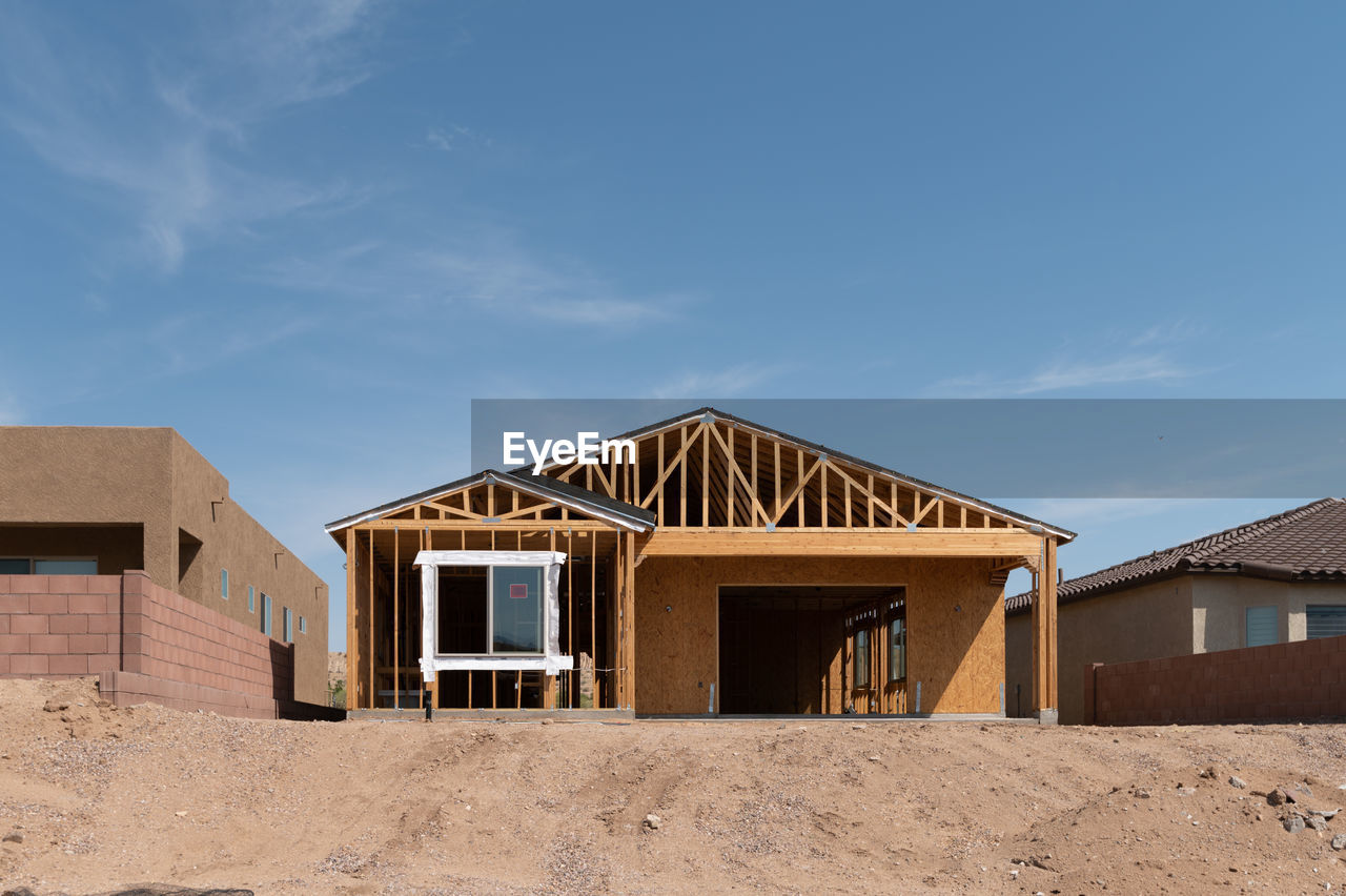 New home under construction with blue sky and copy space.