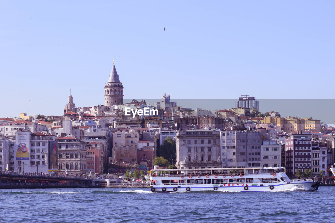 Buildings by river against clear sky