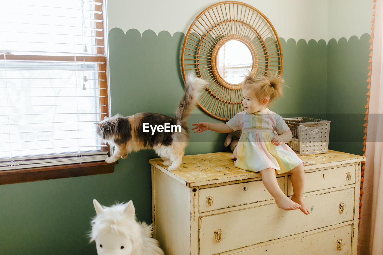 Toddler girl with her cat in her room