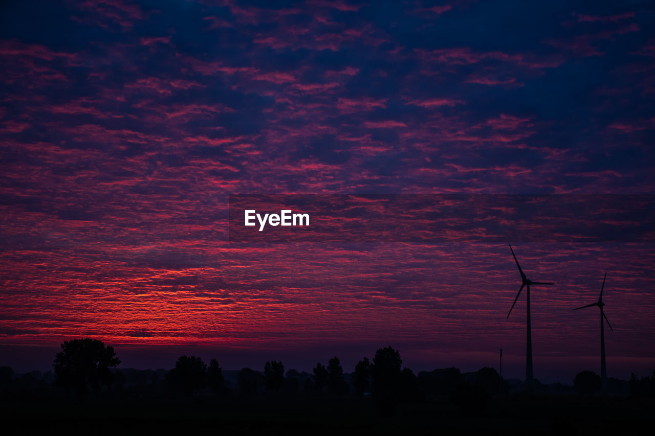 Silhouette trees on field against sky during sunset