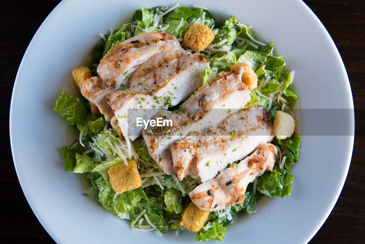 High angle view of fish served in plate on table