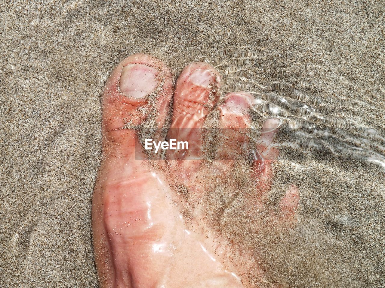 Low section of person in water at kynance cove beach