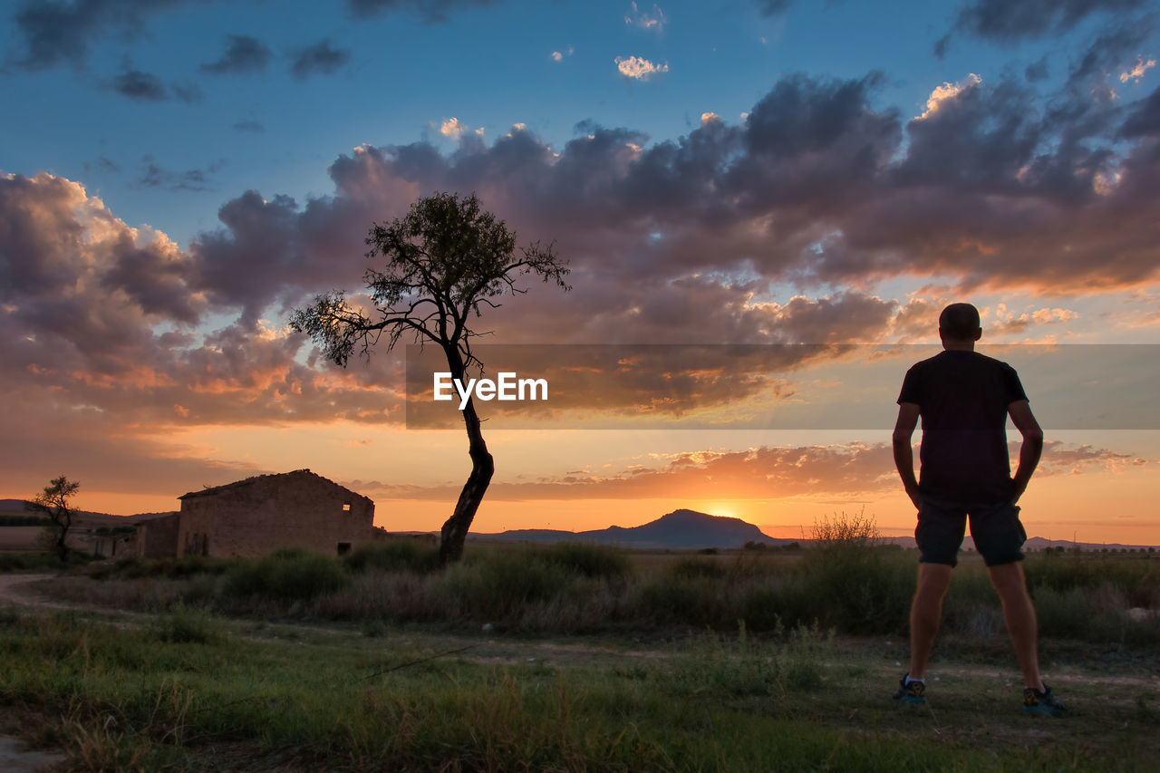 Rear view of silhouette man standing on field against sky during sunset