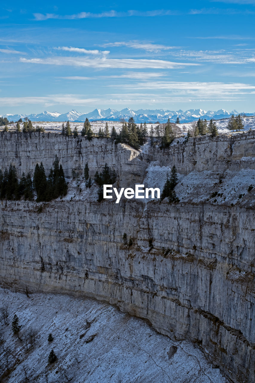 Scenic view of rocky canyon against mountains and sky